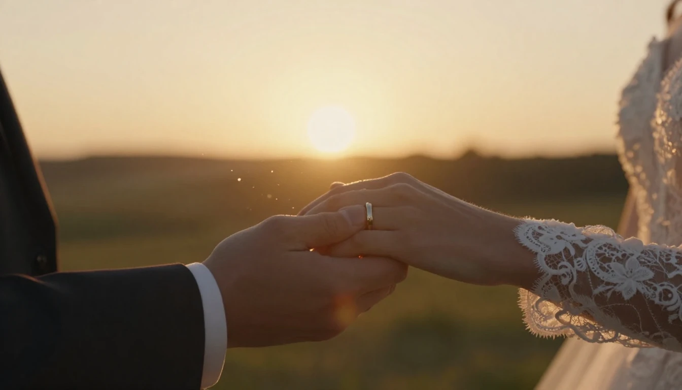 A cinematic, emotional close-up of a couple's hands gently c...