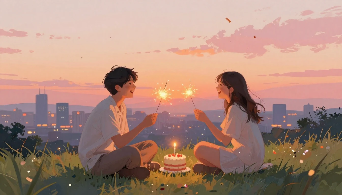 Two best friends sitting side by side on a grassy hill overl...