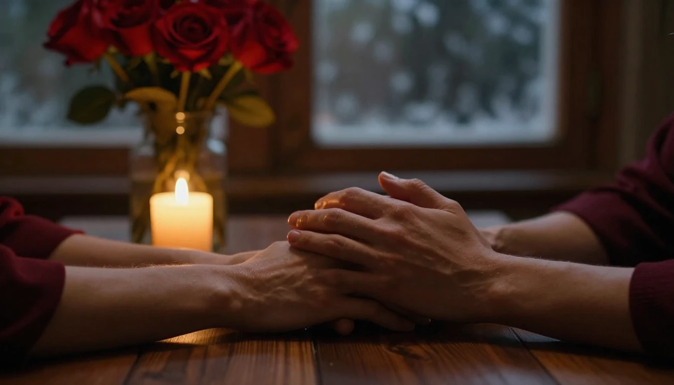 A highly detailed cinematic shot of a romantic evening setti...