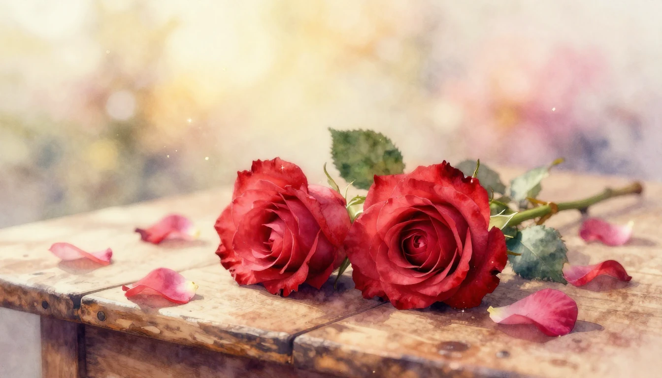 A delicate watercolor painting of two intertwined red roses ...