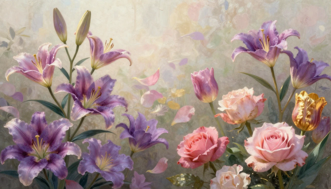 An artistic representation of a blooming garden with various...