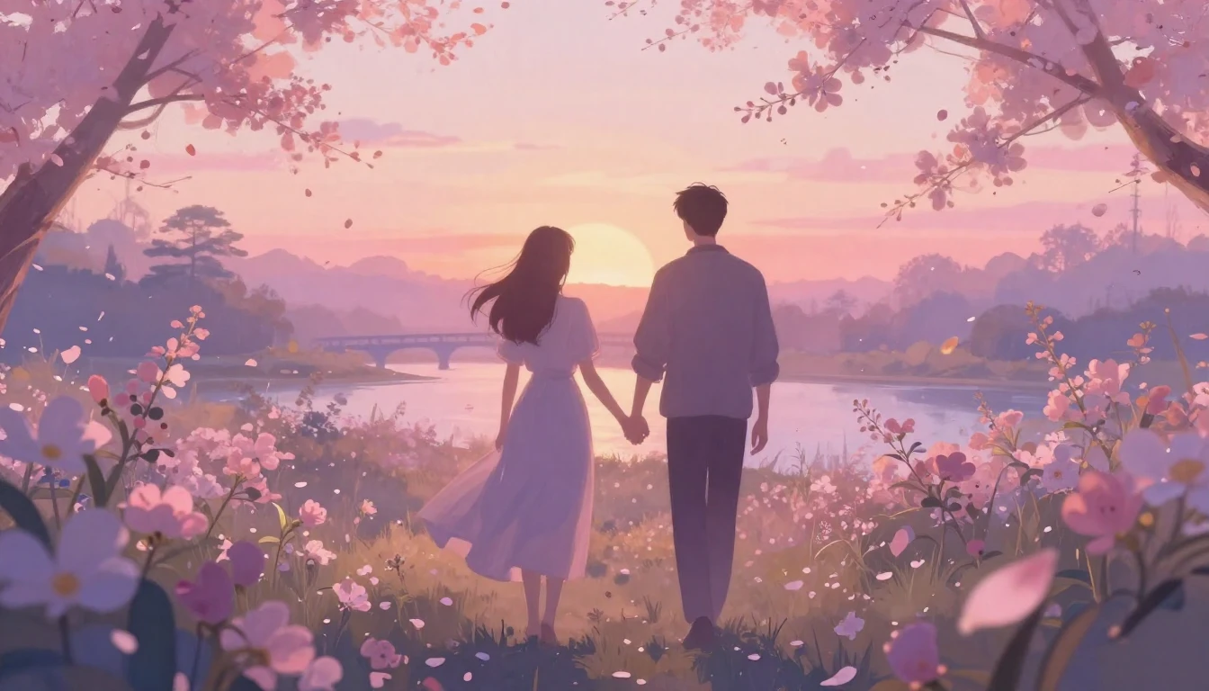 A soft and ethereal scene depicting two silhouettes walking ...