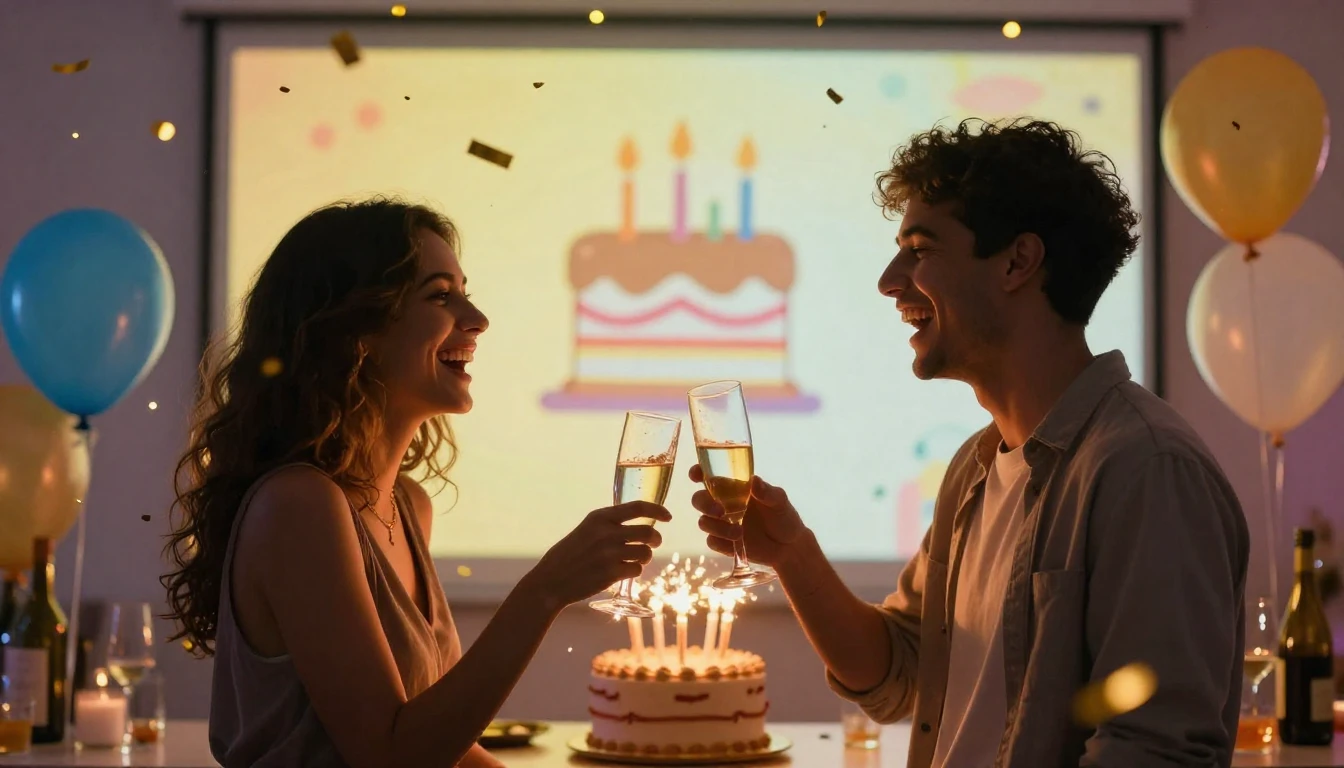 A vibrant and energetic party scene celebrating a birthday. ...