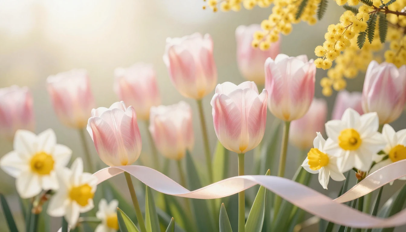 A beautiful spring composition with blooming tulips, daffodi...