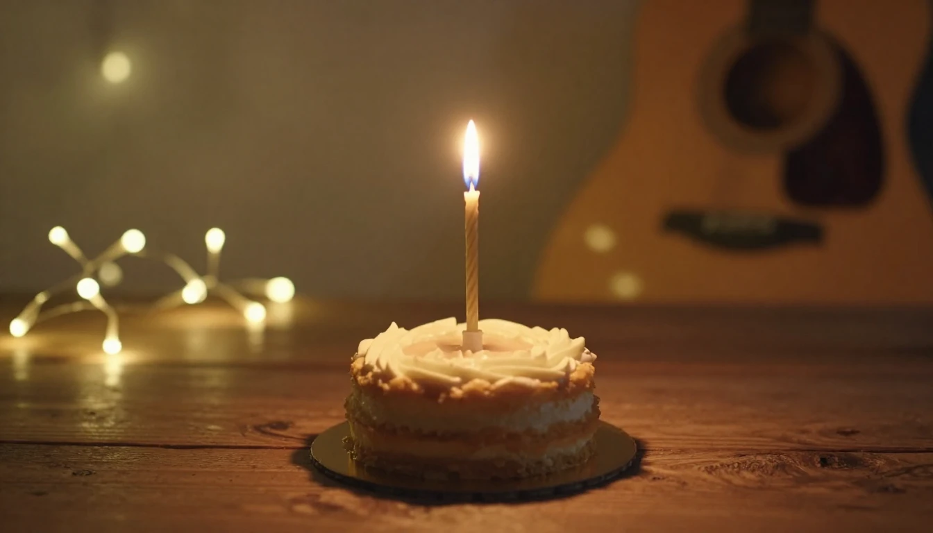 A warm and intimate close-up shot of a small birthday cake w...