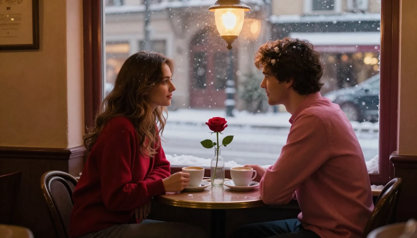 A romantic scene depicting a couple sitting at a small round...