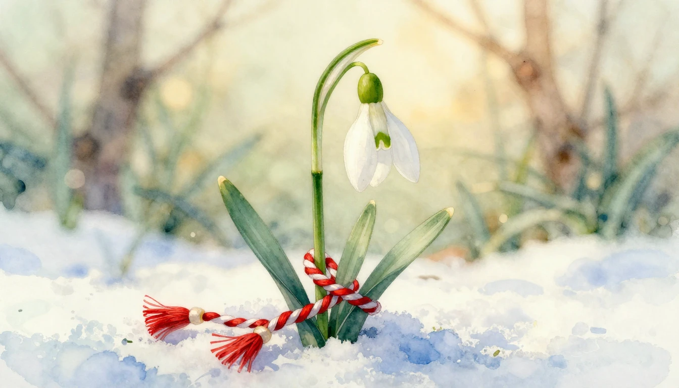 A delicate watercolor painting of a blooming snowdrop flower...