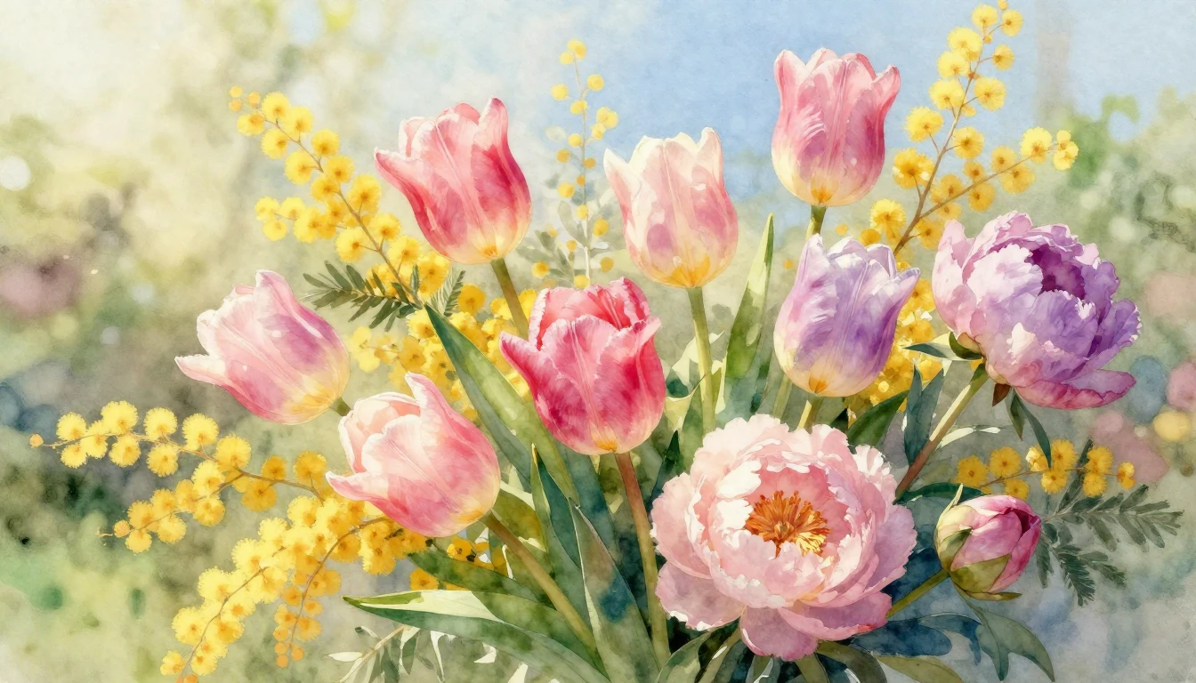 A beautiful and vibrant watercolor painting of a lush spring...