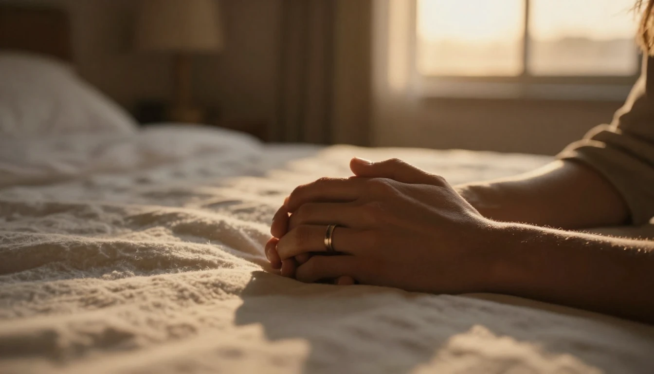 A cinematic close-up shot of two hands gently interlaced, re...