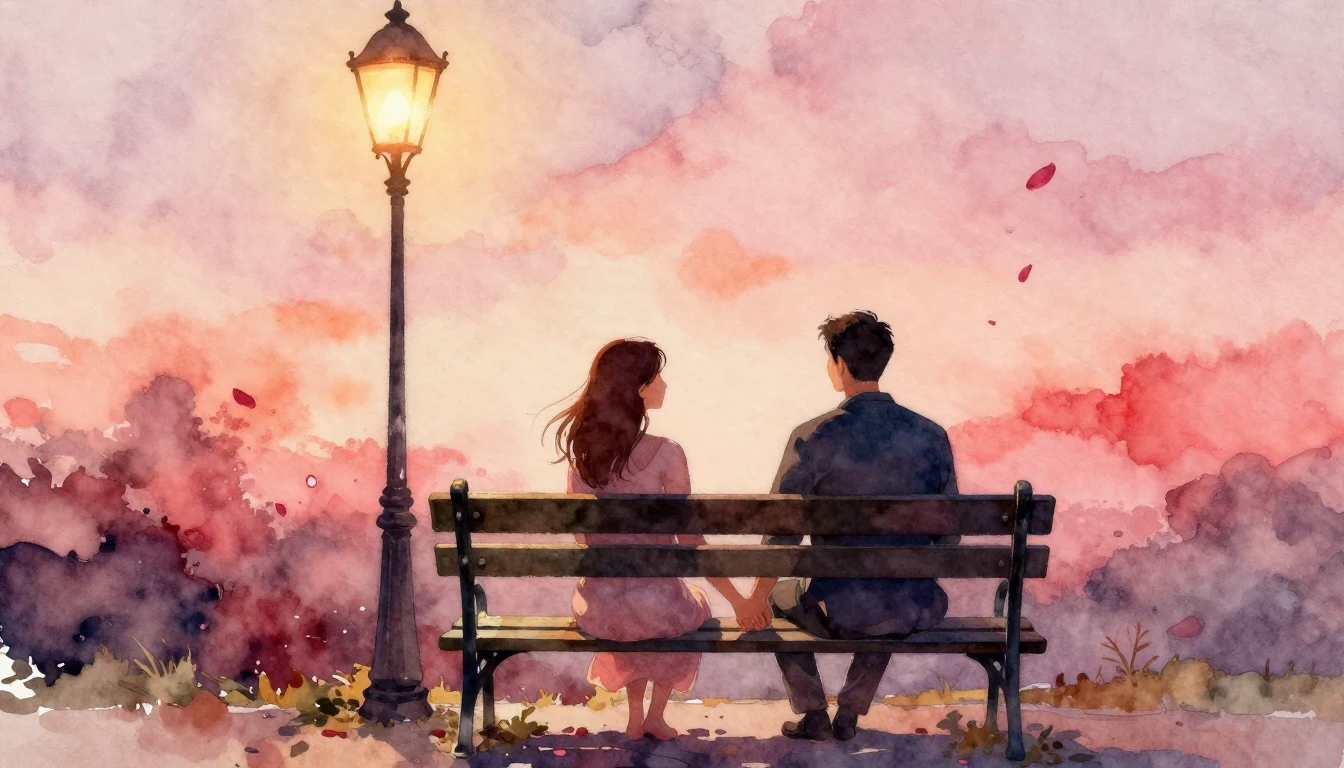 A romantic and dreamy watercolor painting of a couple holdin...