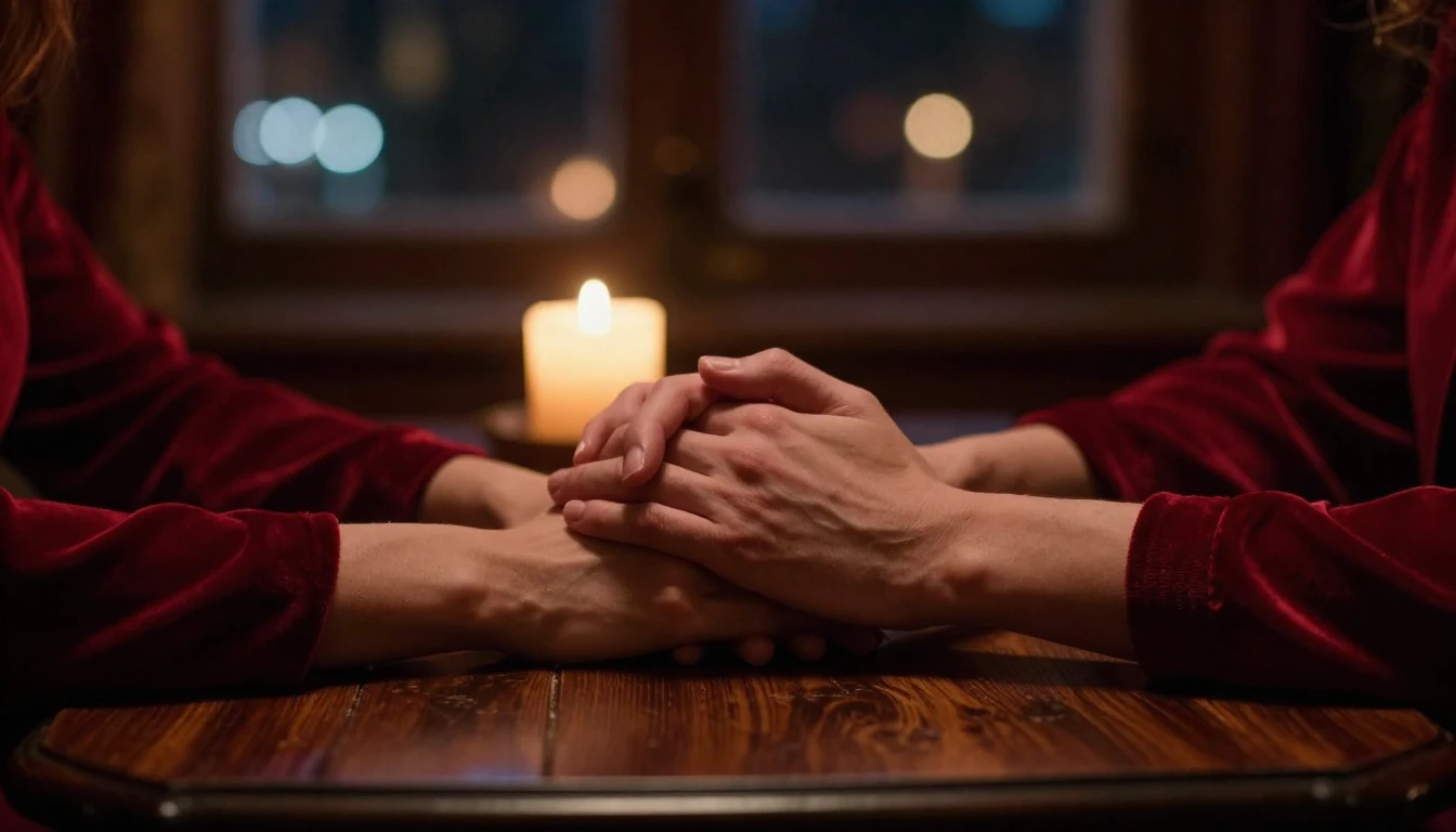 A cinematic close-up shot of two hands gently intertwined re...
