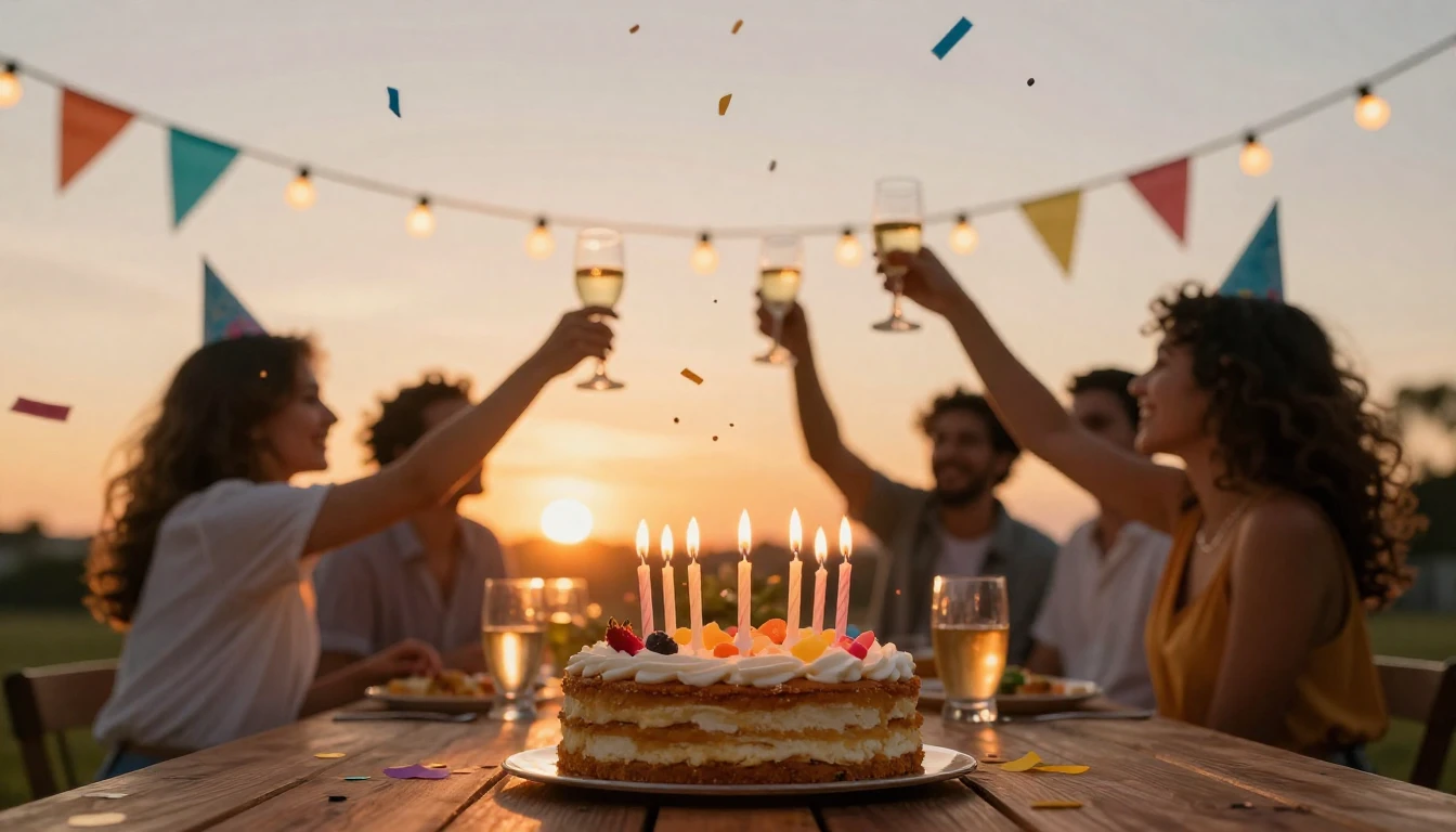 A vibrant and joyful scene of a birthday celebration outdoor...