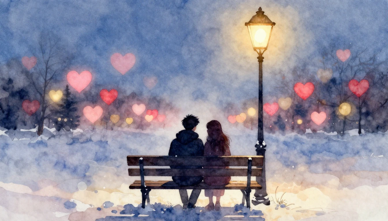 A soft and romantic watercolor painting depicting two silhou...