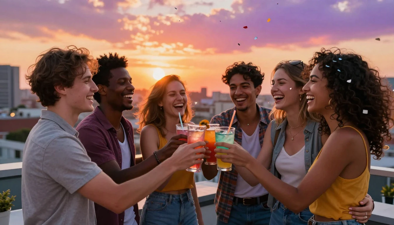 A vibrant group of diverse friends laughing and hugging on a...