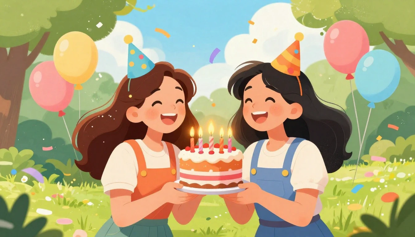 A vibrant and joyful illustration of two best friends celebr...