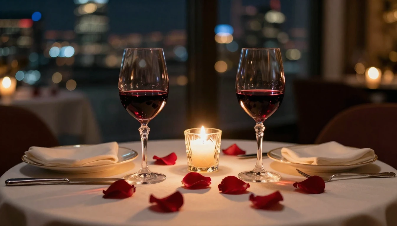 A close-up shot of a beautifully set dinner table for two in...