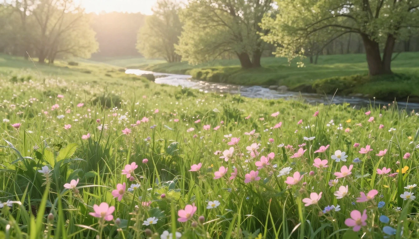 A beautiful landscape featuring a lush green meadow with del...