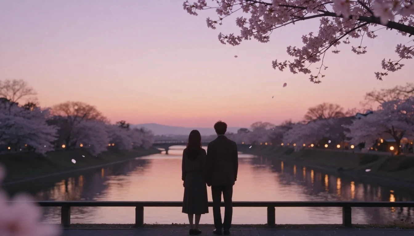 A dreamlike and romantic scene featuring two silhouettes sta...