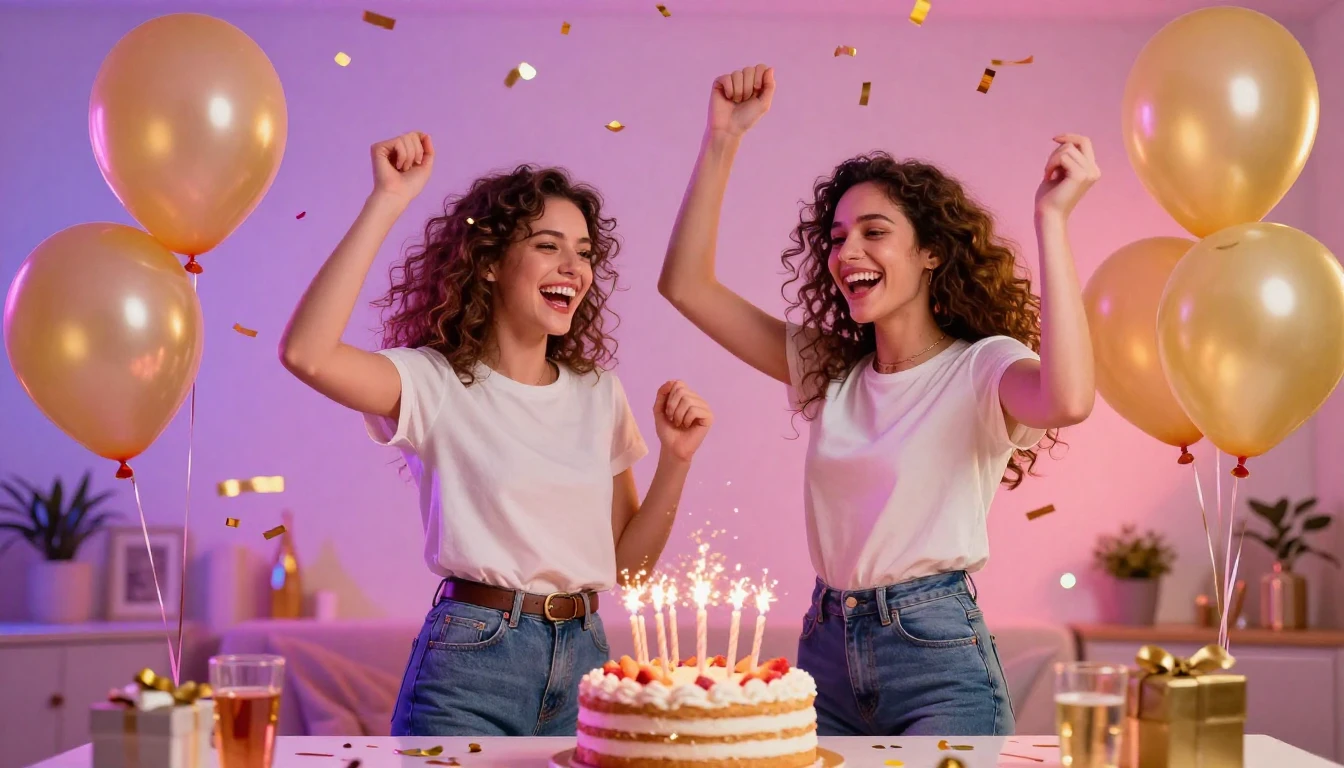 A vibrant and celebratory scene featuring two young women la...