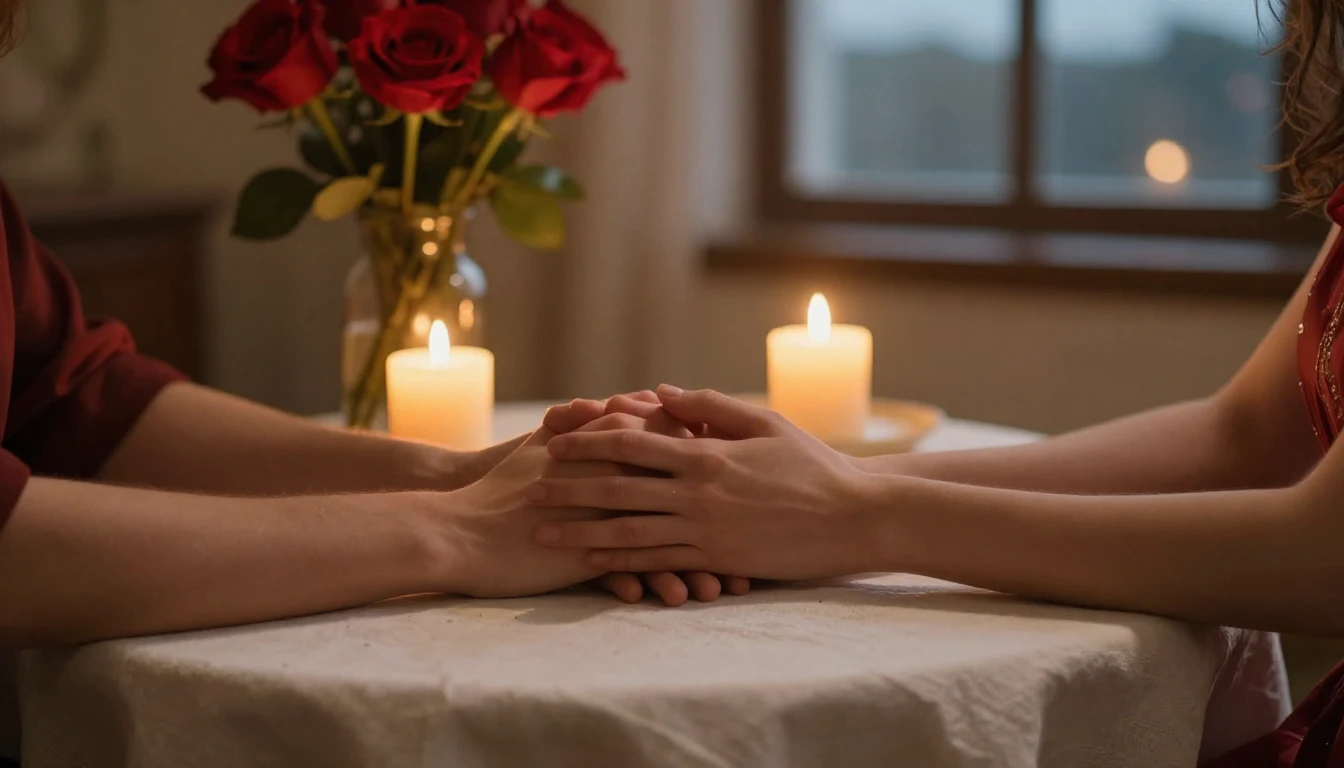 A romantic and intimate composition focusing on two hands ge...