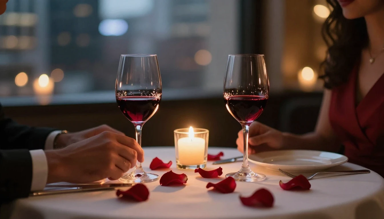 A close-up of a beautifully set dinner table for two in a di...