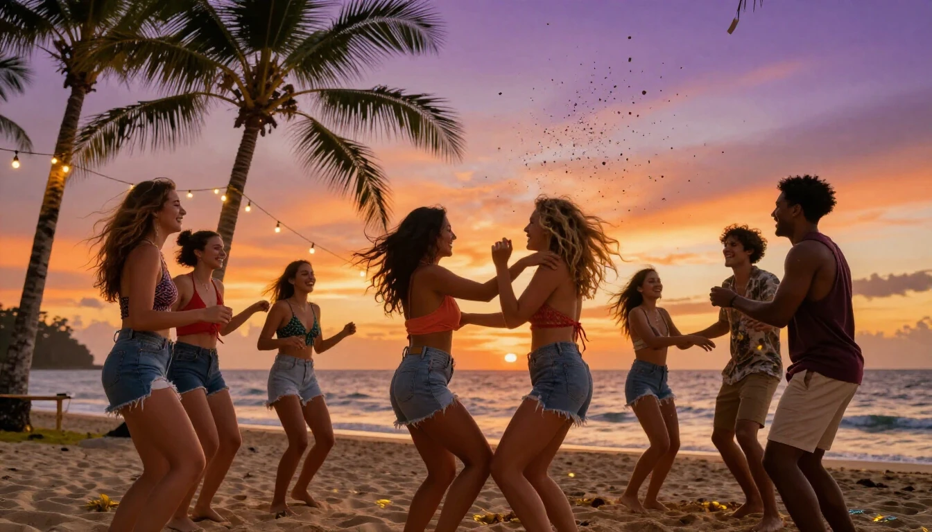 A vibrant and energetic scene of a diverse group of friends ...