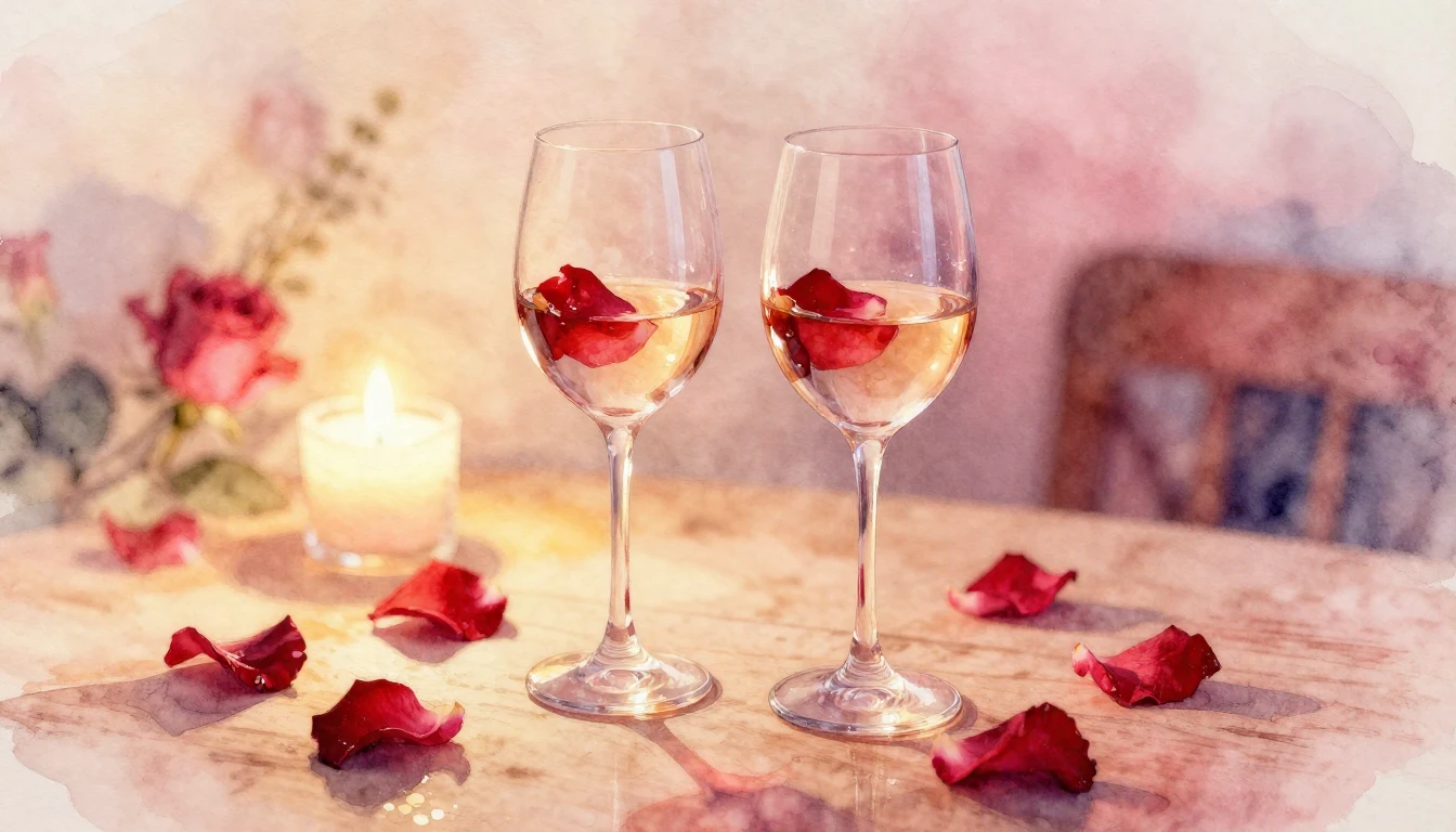 A delicate watercolor painting of two elegant wine glasses s...