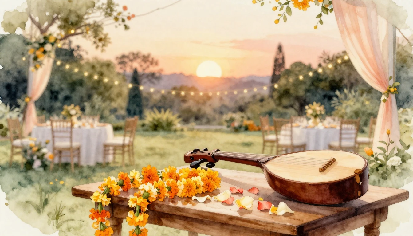 A beautiful watercolor painting of a traditional wedding ven...