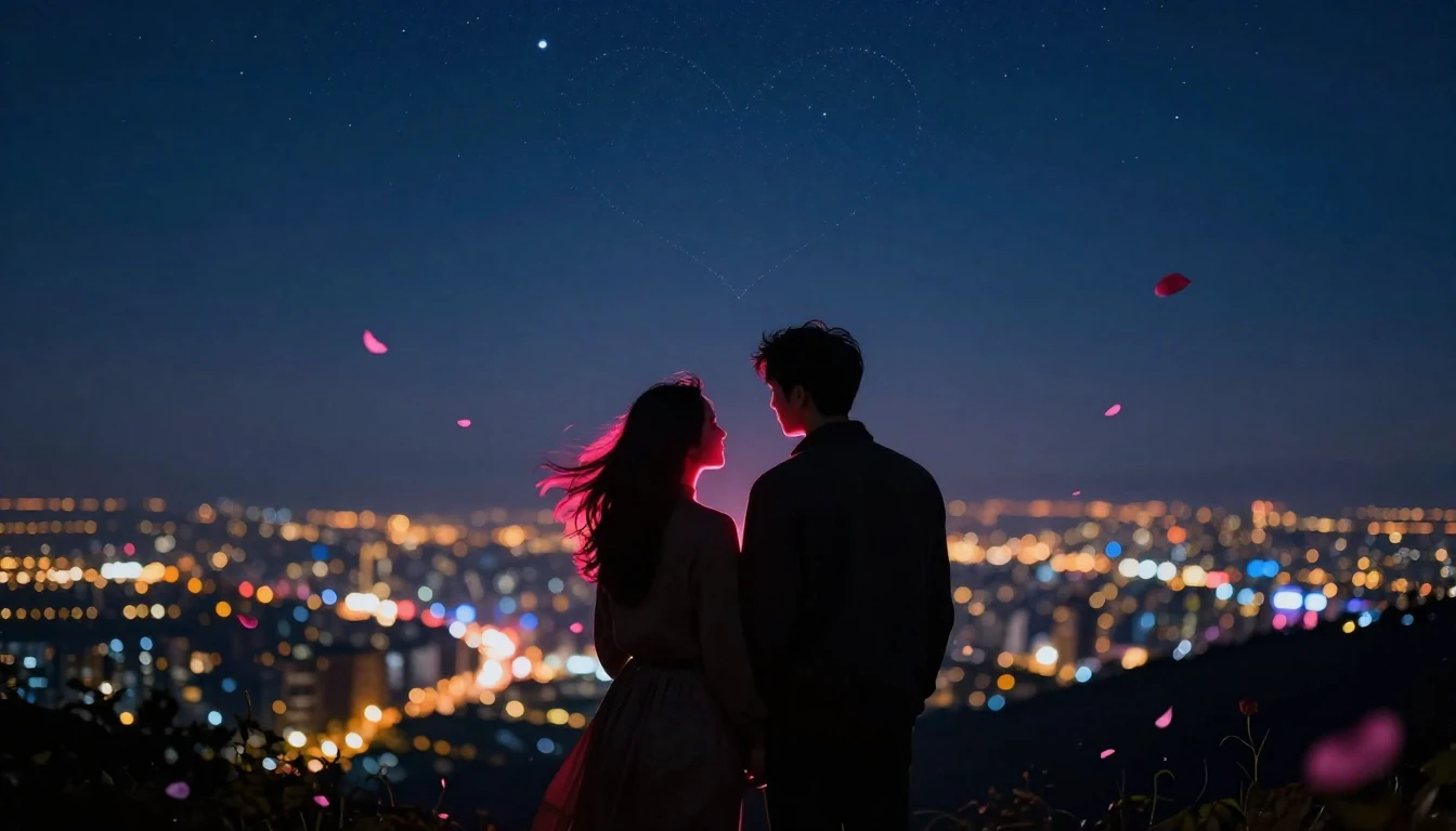 A romantic and atmospheric scene featuring silhouettes of a ...