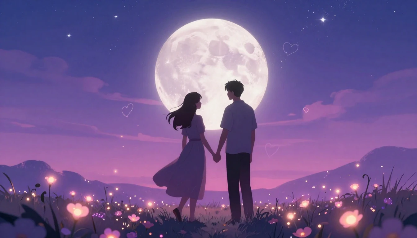 A romantic and dreamy illustration of a couple standing in a...