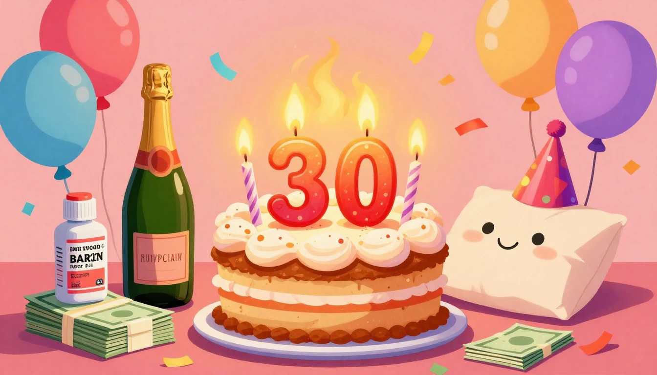 A humorous and colorful birthday illustration featuring a ch...