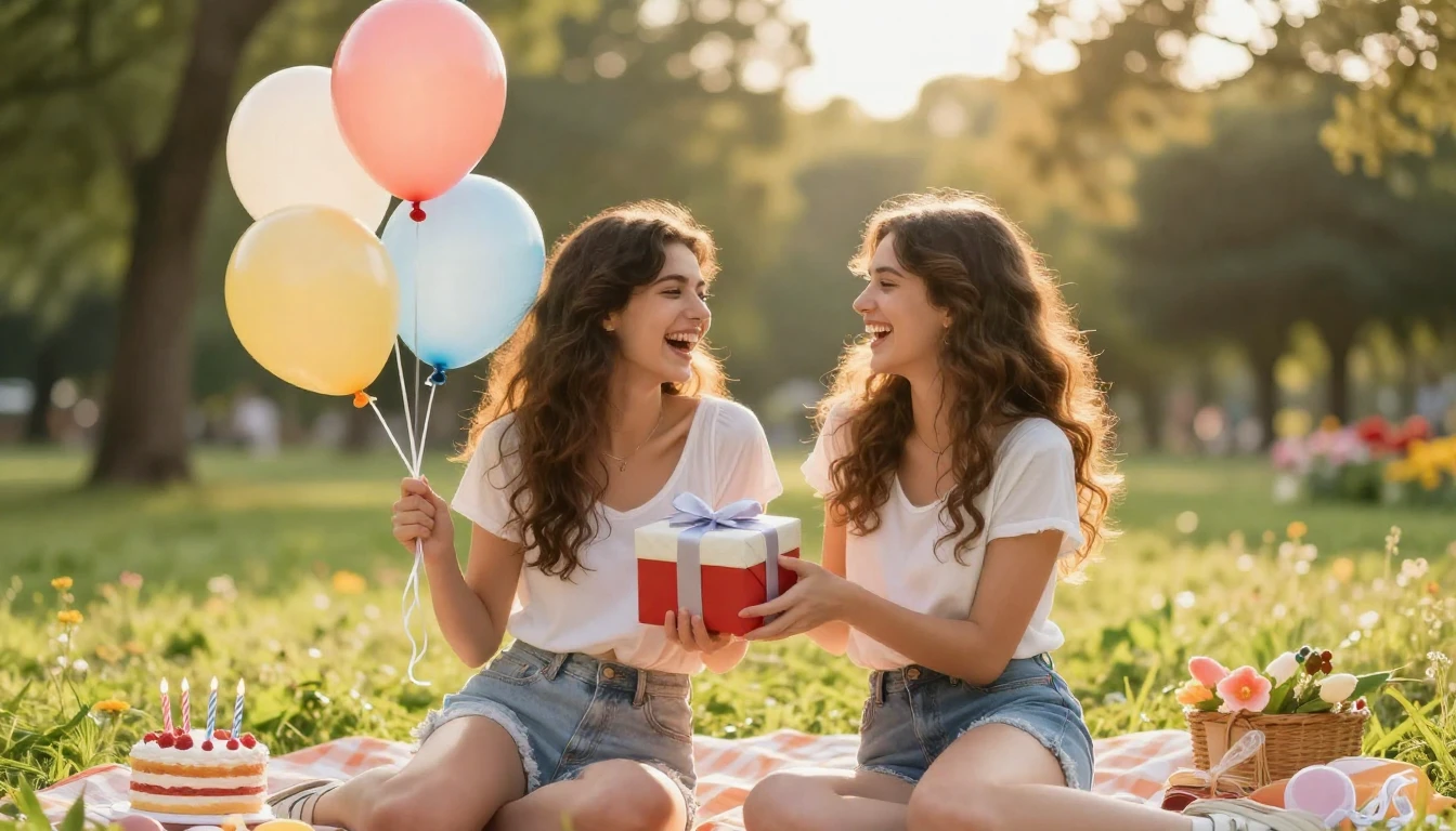 Two young women laughing together in a sunlit park, holding ...