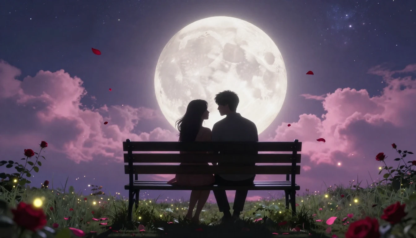 A romantic scene featuring a silhouette of a couple sitting ...