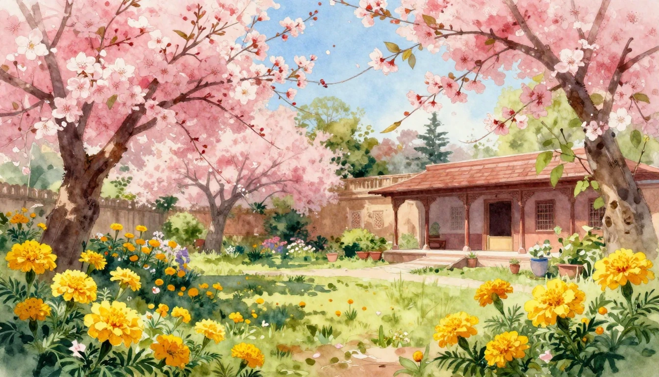 A vibrant watercolor painting of a lush spring garden in ful...