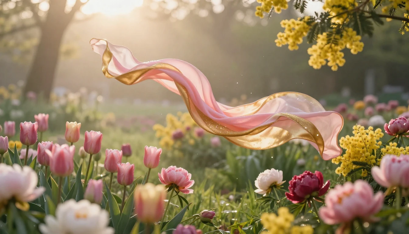 A breathtaking spring meadow filled with blooming tulips, pe...