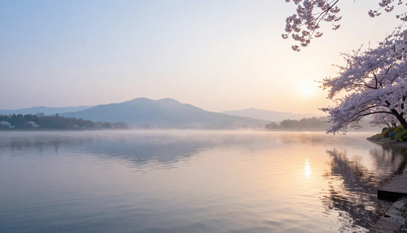 A tranquil landscape featuring a still lake reflecting a sof...