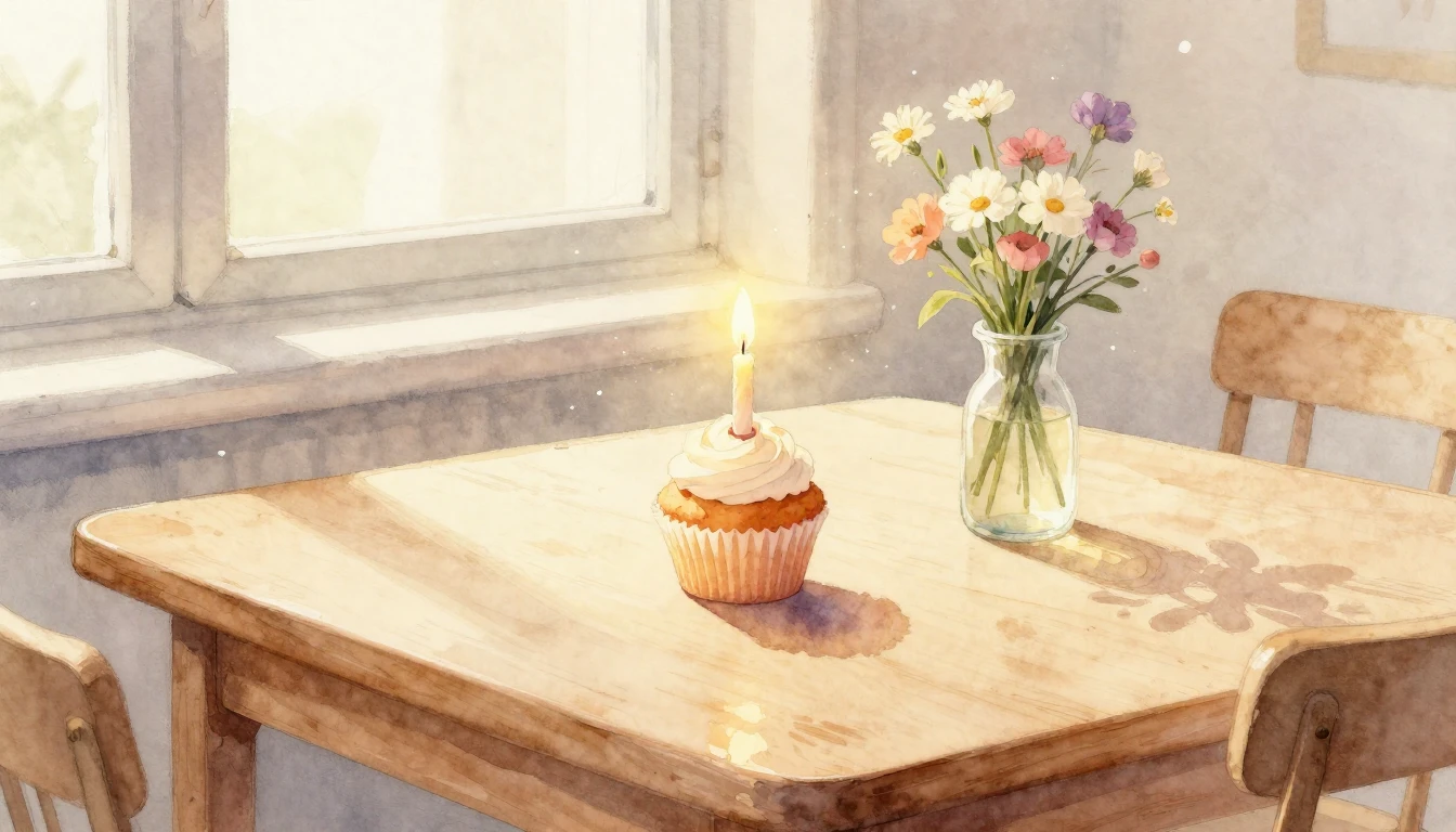 A soft watercolor painting of a cozy wooden table set for a ...