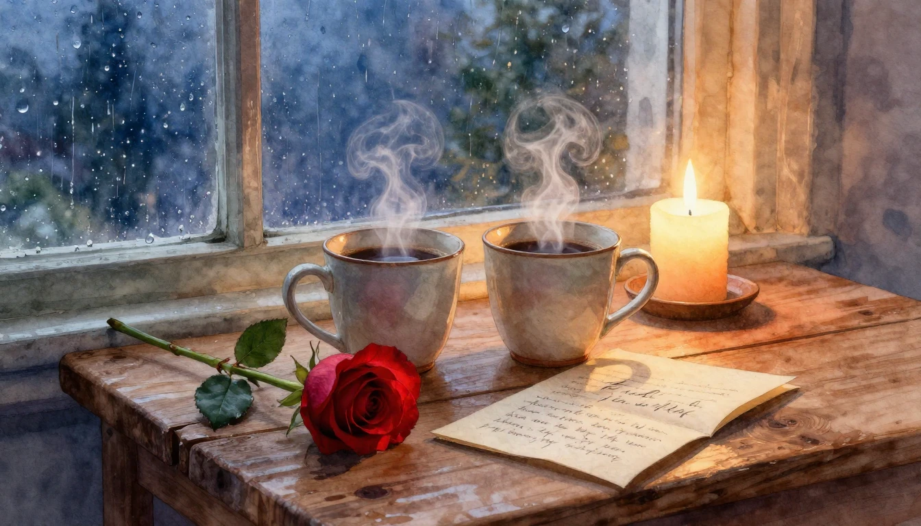 A romantic and cozy still life composition. A rustic wooden ...