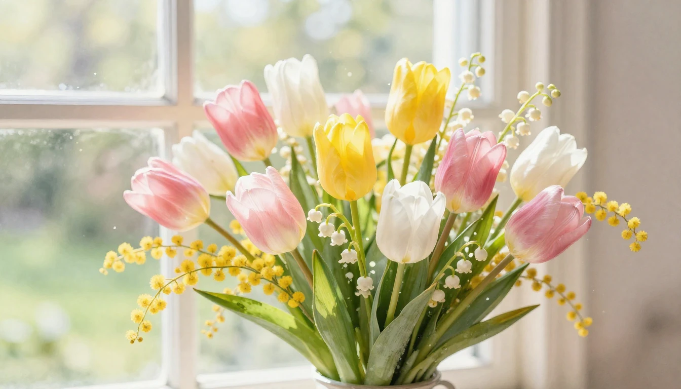A beautiful bouquet of spring flowers including tulips, mimo...