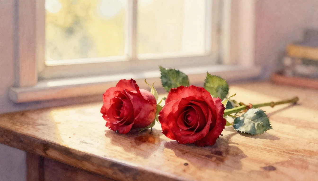 A soft watercolor painting of two delicate red roses lying o...