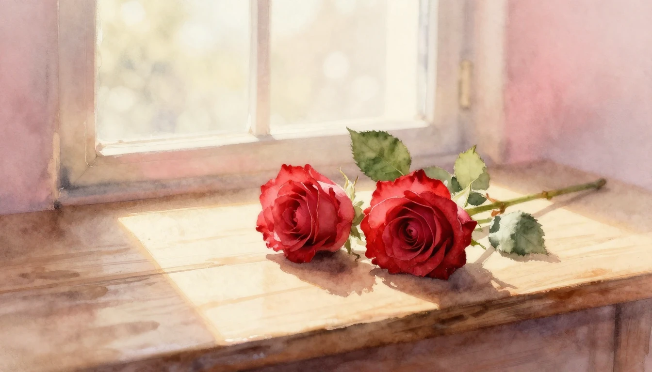 A soft watercolor painting of two delicate red roses resting...