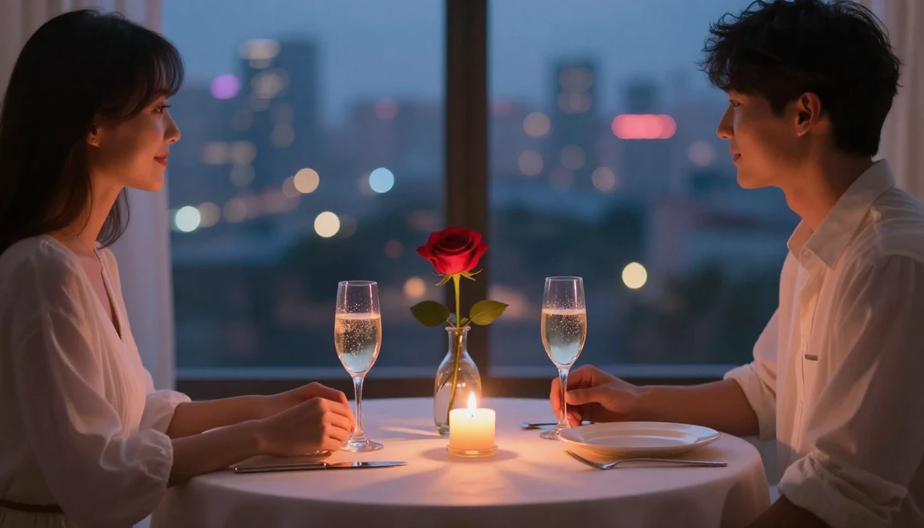 A romantic and dreamy scene depicting a cozy dinner for two ...