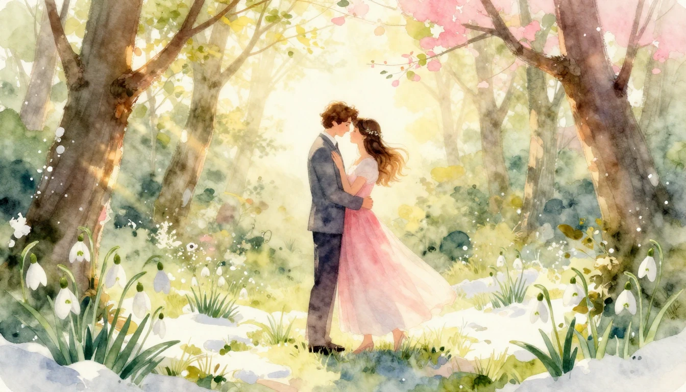 A beautiful and romantic watercolor painting depicting a cou...