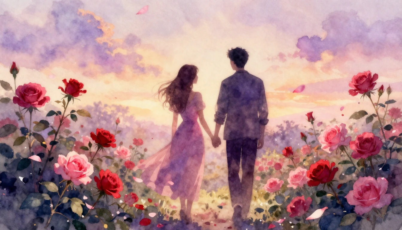 A delicate watercolor painting of two silhouettes walking th...