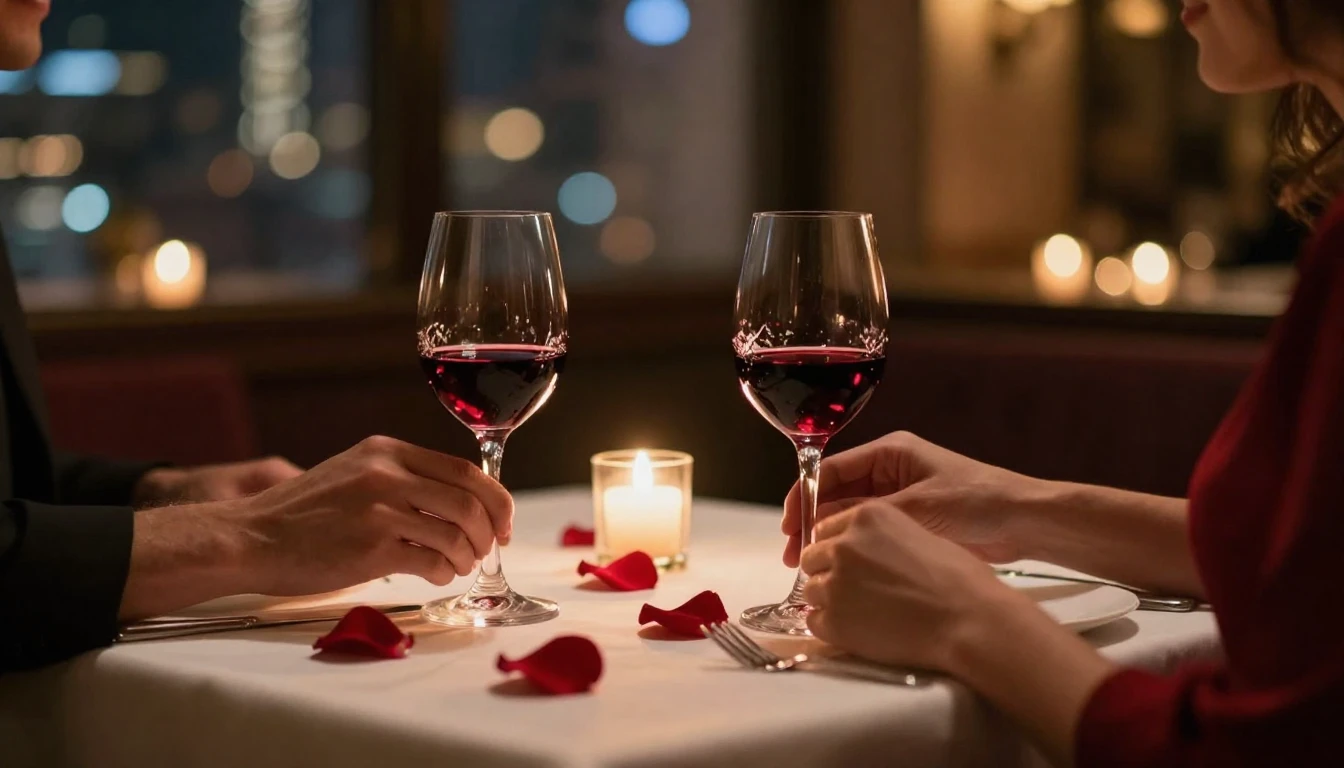 A close-up shot of a beautifully set dinner table for two in...