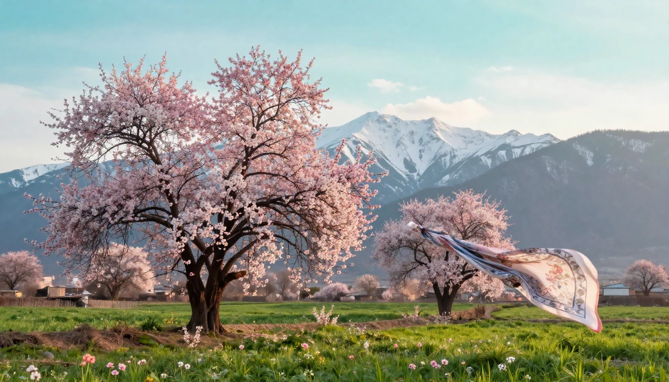 A breathtaking spring landscape at dawn, featuring blooming ...