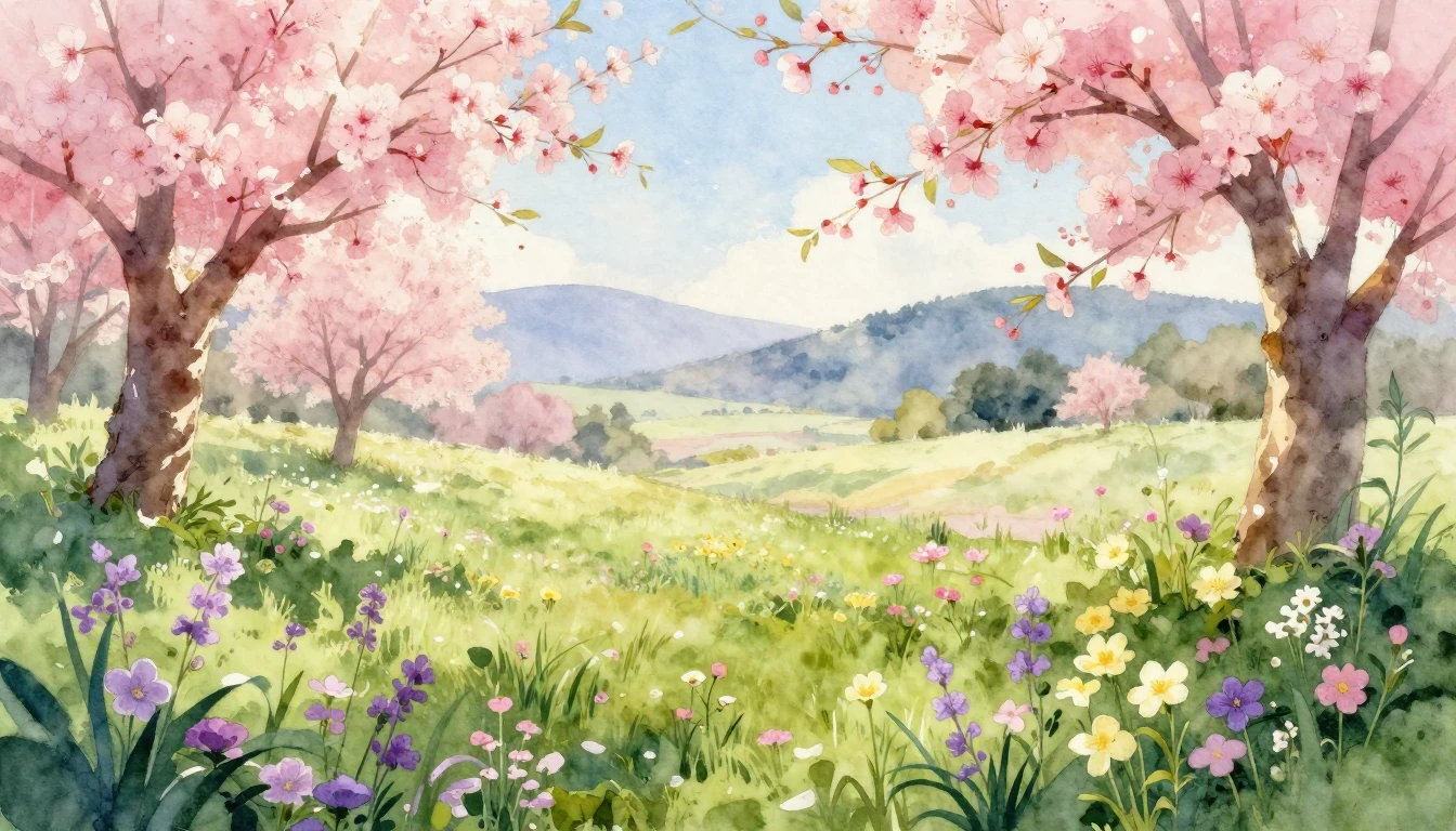 A vibrant watercolor painting of a lush meadow at dawn. Deli...