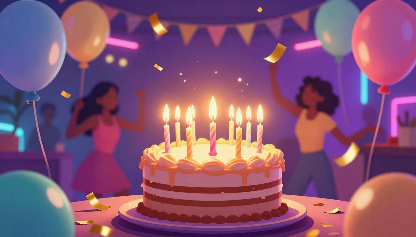 A vibrant and colorful digital illustration of a birthday ce...