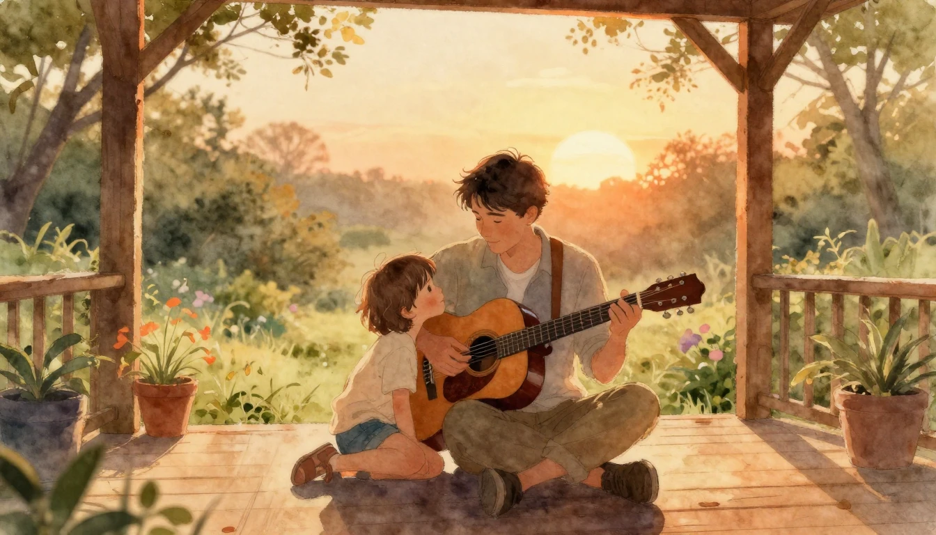 A heartwarming scene of a father and a small child sitting o...