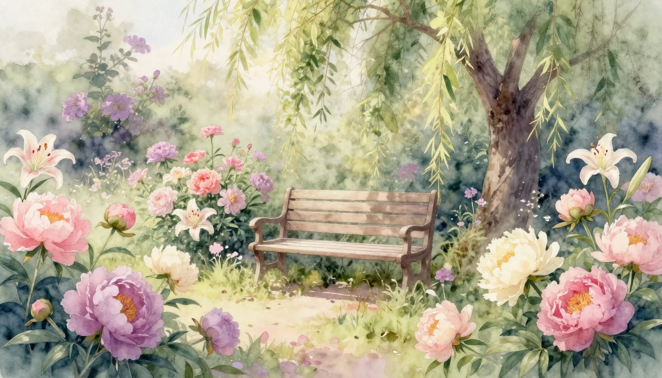 A soft watercolor painting depicting a serene garden filled ...